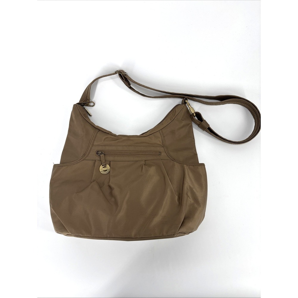 Travelon Anti-Theft Crossbody Nylon Bag Color Brown Pockets Key Ring Flashlight